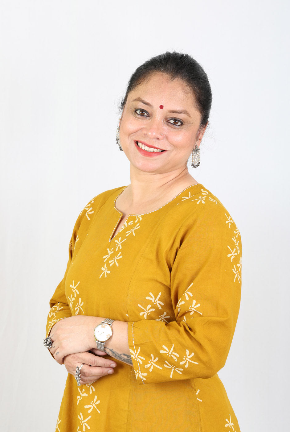 Alahi Mustard Ajrakh A-Line Kalidar Kurta with Dragonfly Block & Hand Kantha Work
