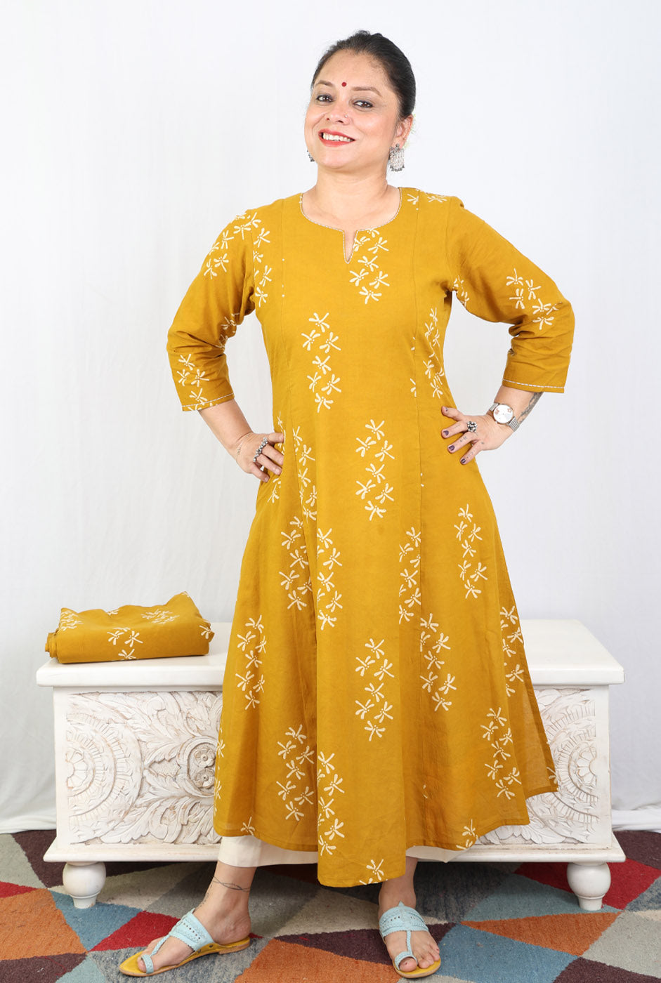 Alahi Mustard Ajrakh A-Line Kalidar Kurta with Dragonfly Block & Hand Kantha Work