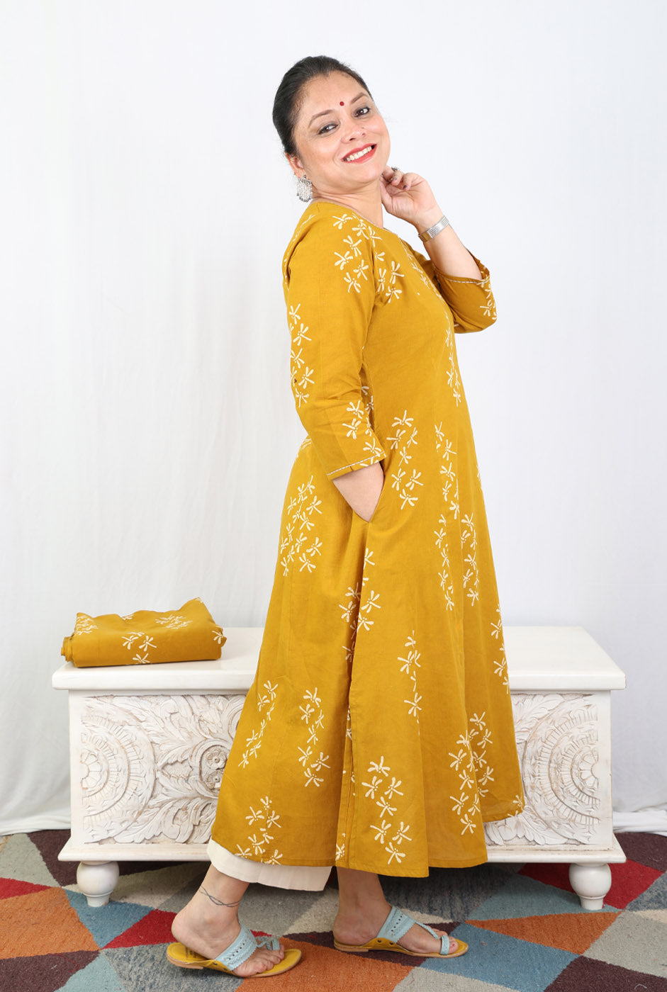Alahi Mustard Ajrakh A-Line Kalidar Kurta with Dragonfly Block & Hand Kantha Work