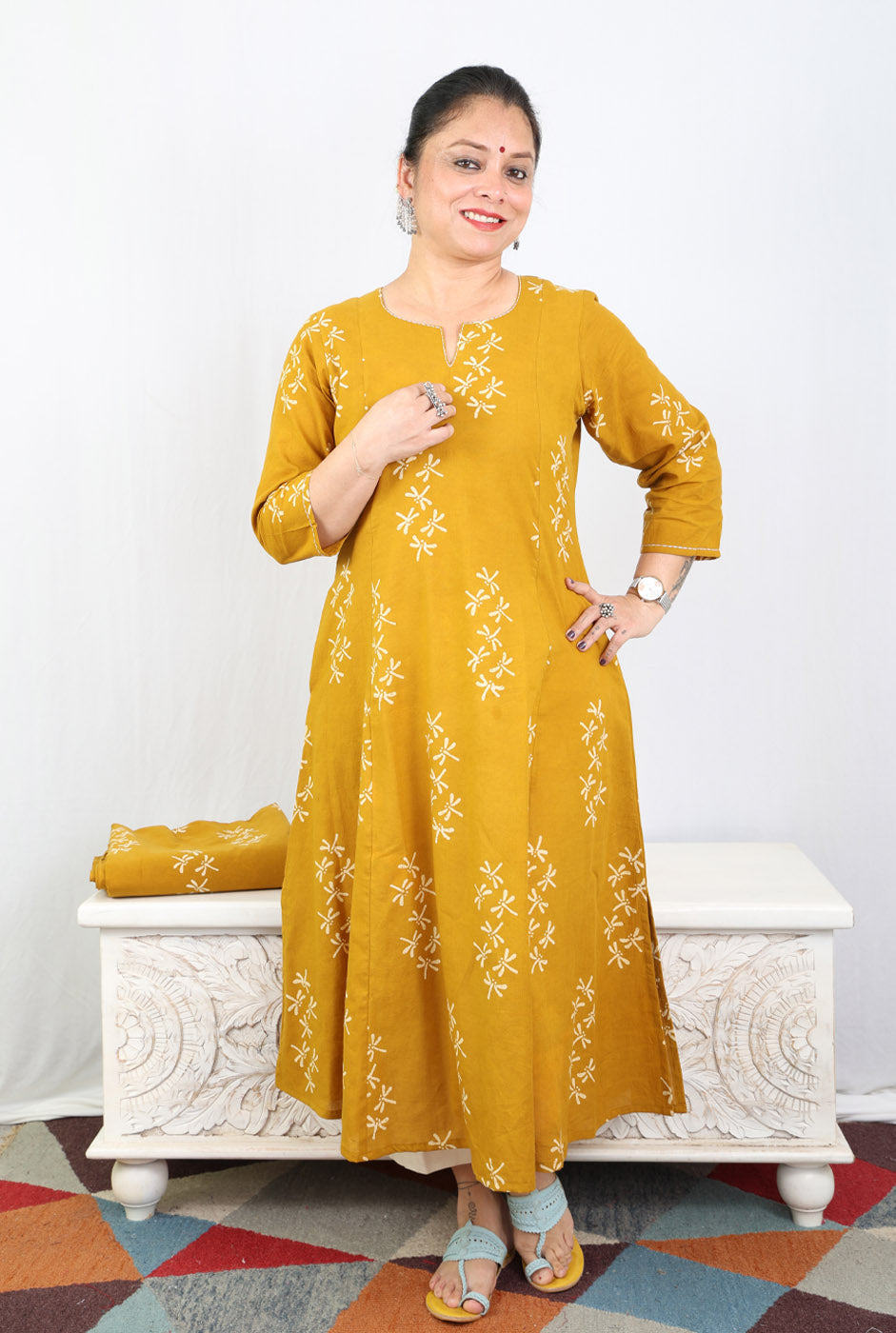 Alahi Mustard Ajrakh A-Line Kalidar Kurta with Dragonfly Block & Hand Kantha Work