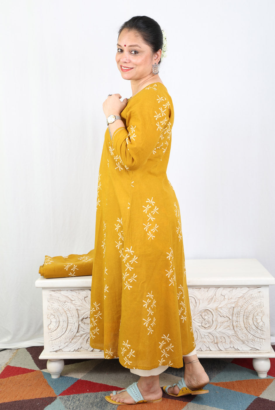 Alahi Mustard Ajrakh A-Line Kalidar Kurta with Dragonfly Block & Hand Kantha Work