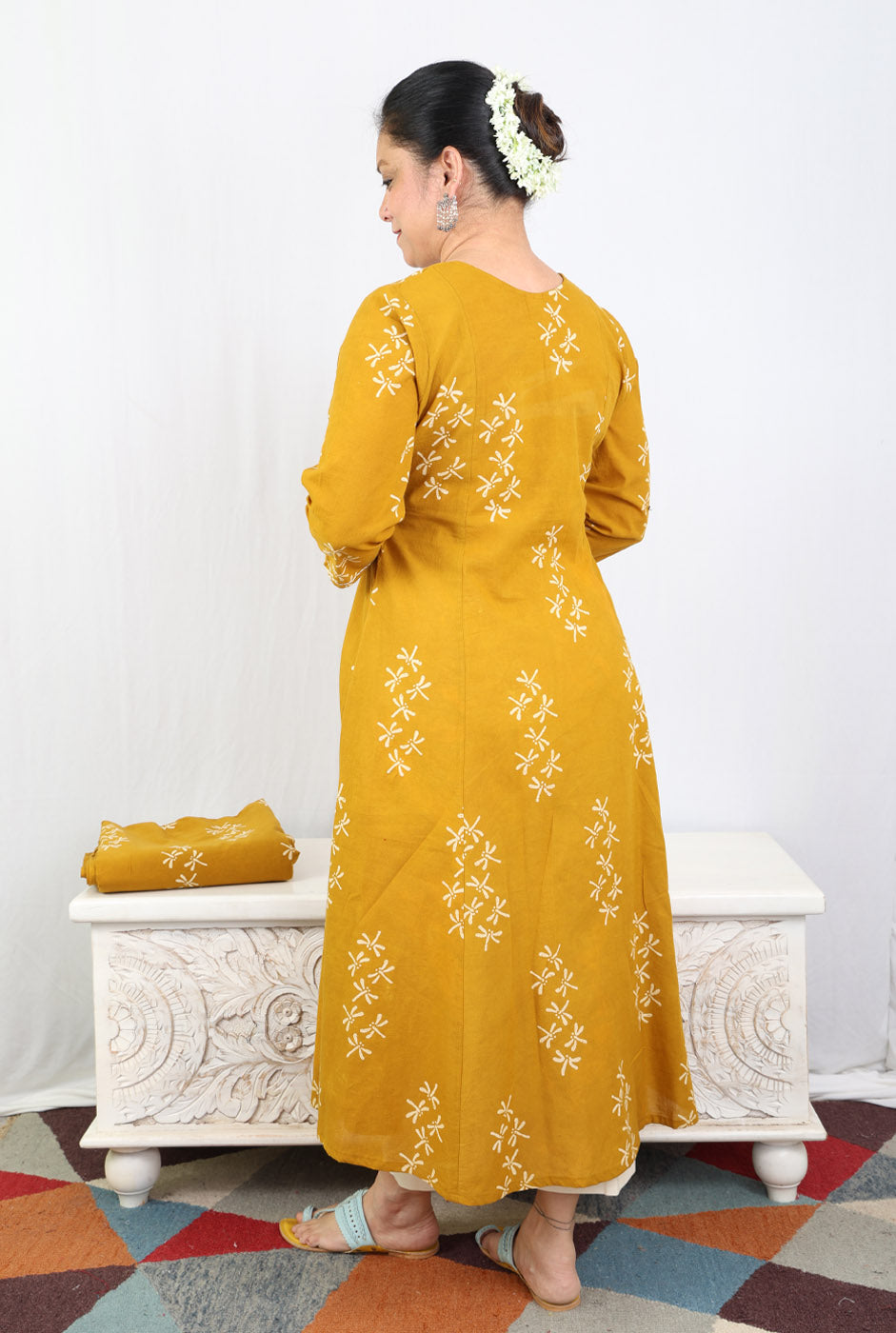 Alahi Mustard Ajrakh A-Line Kalidar Kurta with Dragonfly Block & Hand Kantha Work