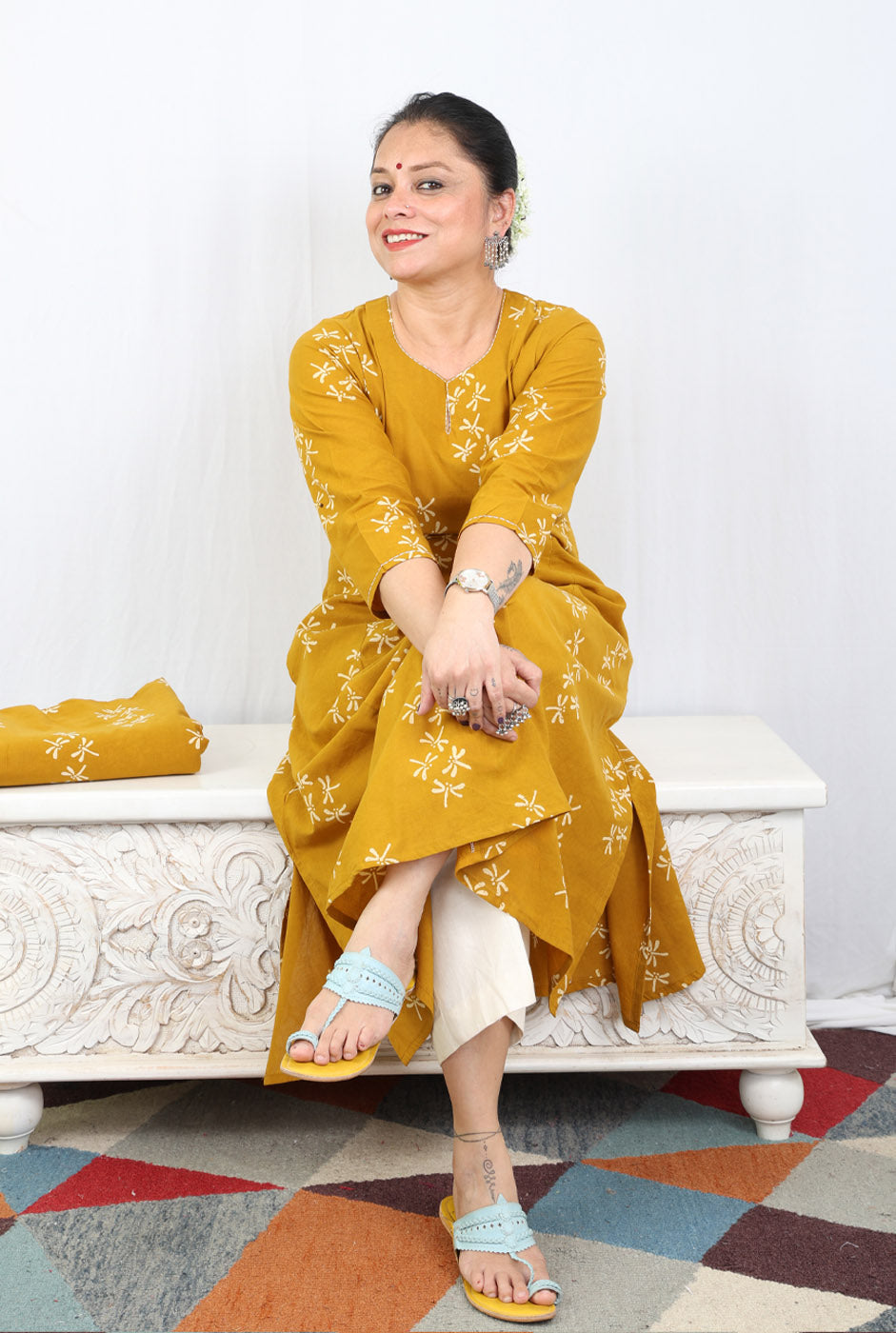 Alahi Mustard Ajrakh A-Line Kalidar Kurta with Dragonfly Block & Hand Kantha Work