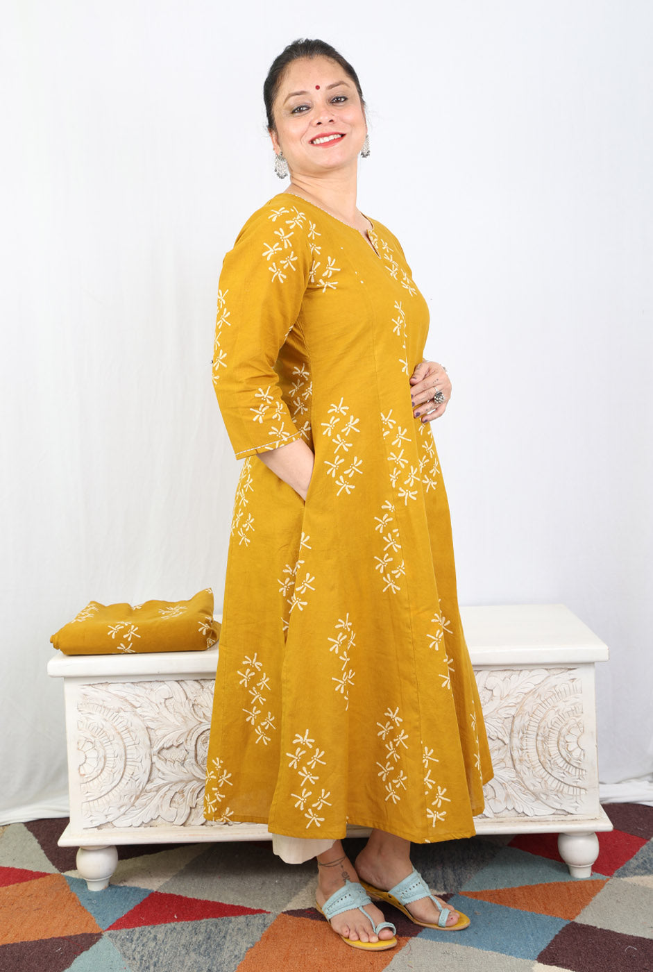 Alahi Mustard Ajrakh A-Line Kalidar Kurta with Dragonfly Block & Hand Kantha Work
