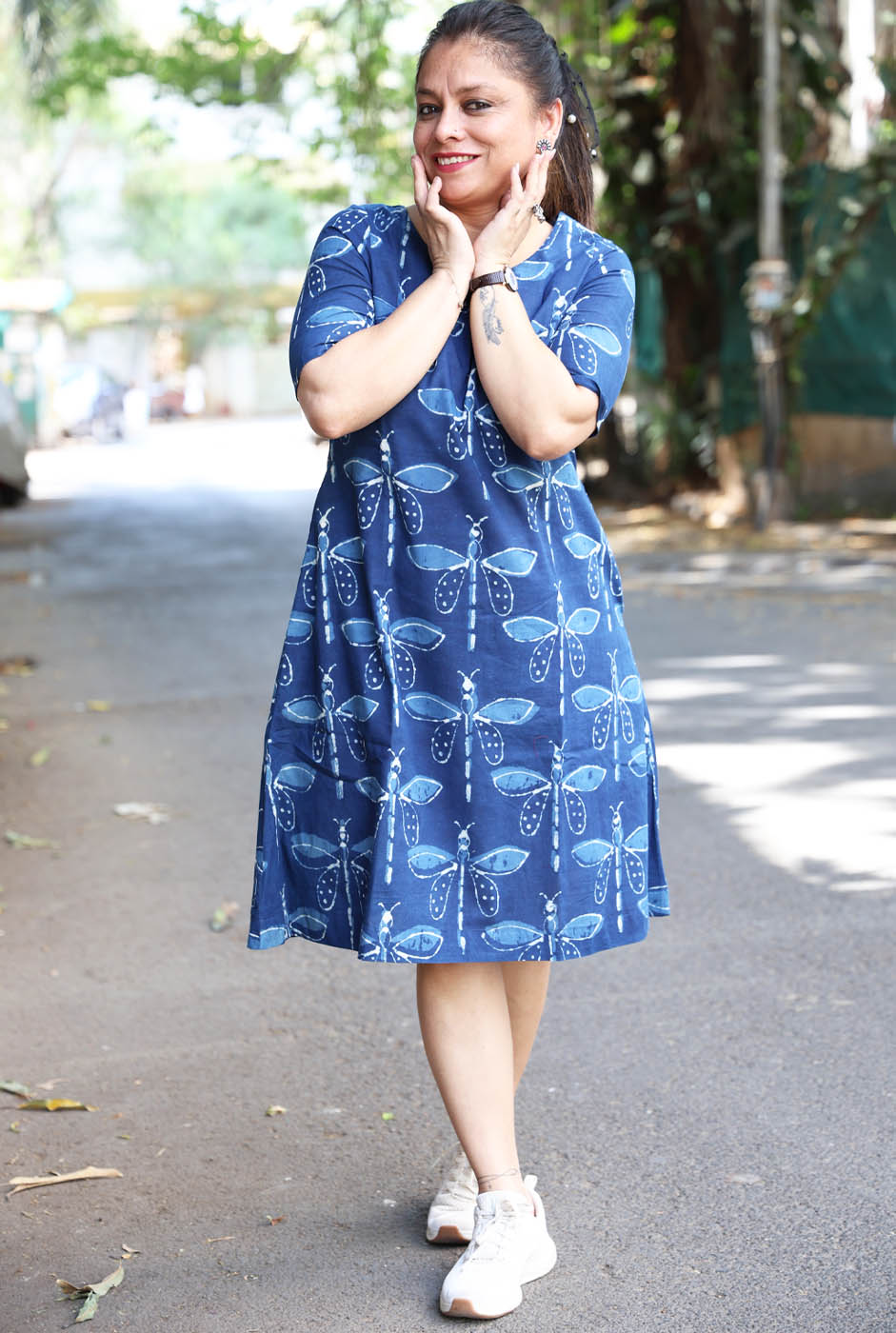 Dragonfly Print Dress with Soft Mul Lining