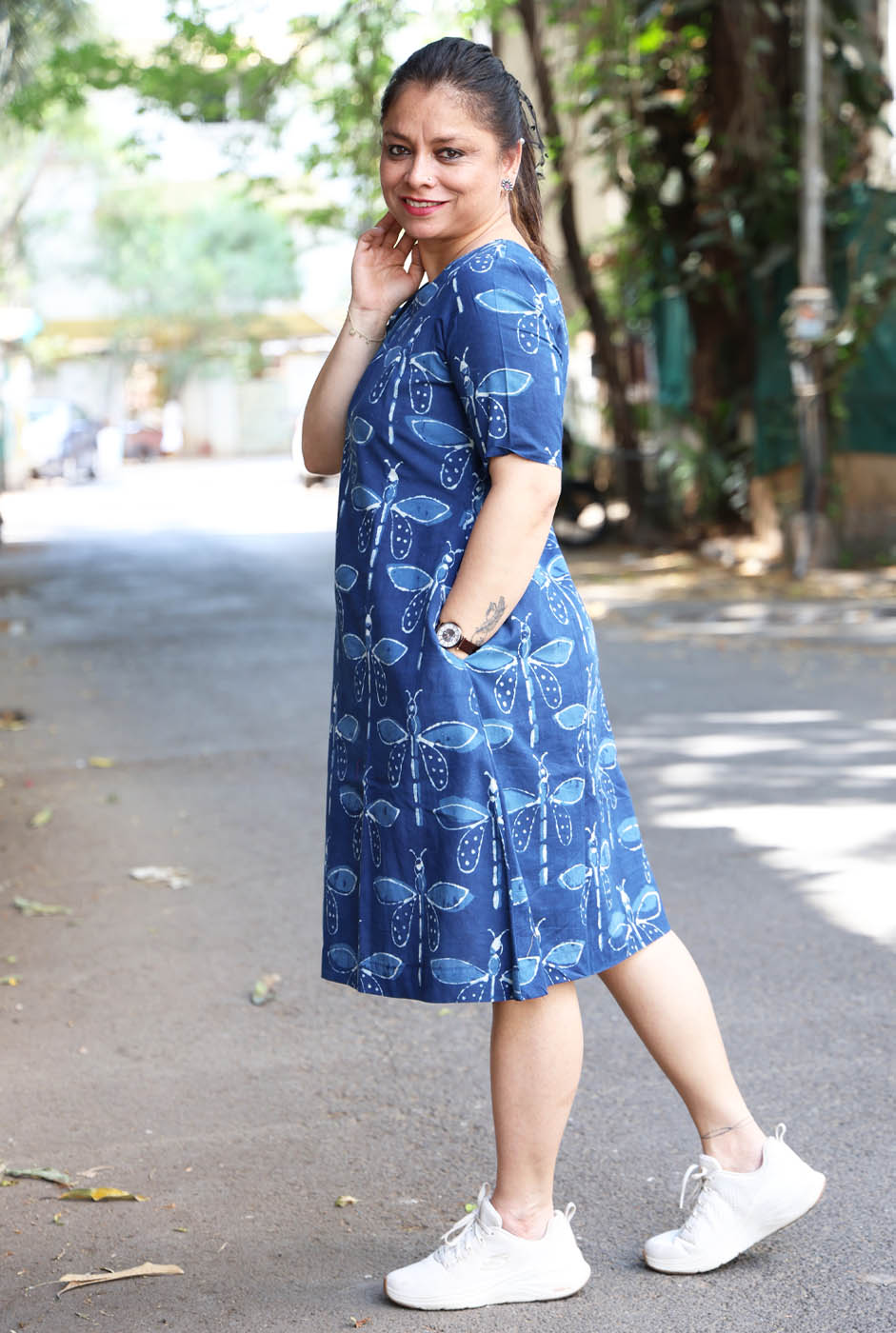 Dragonfly Print Dress with Soft Mul Lining