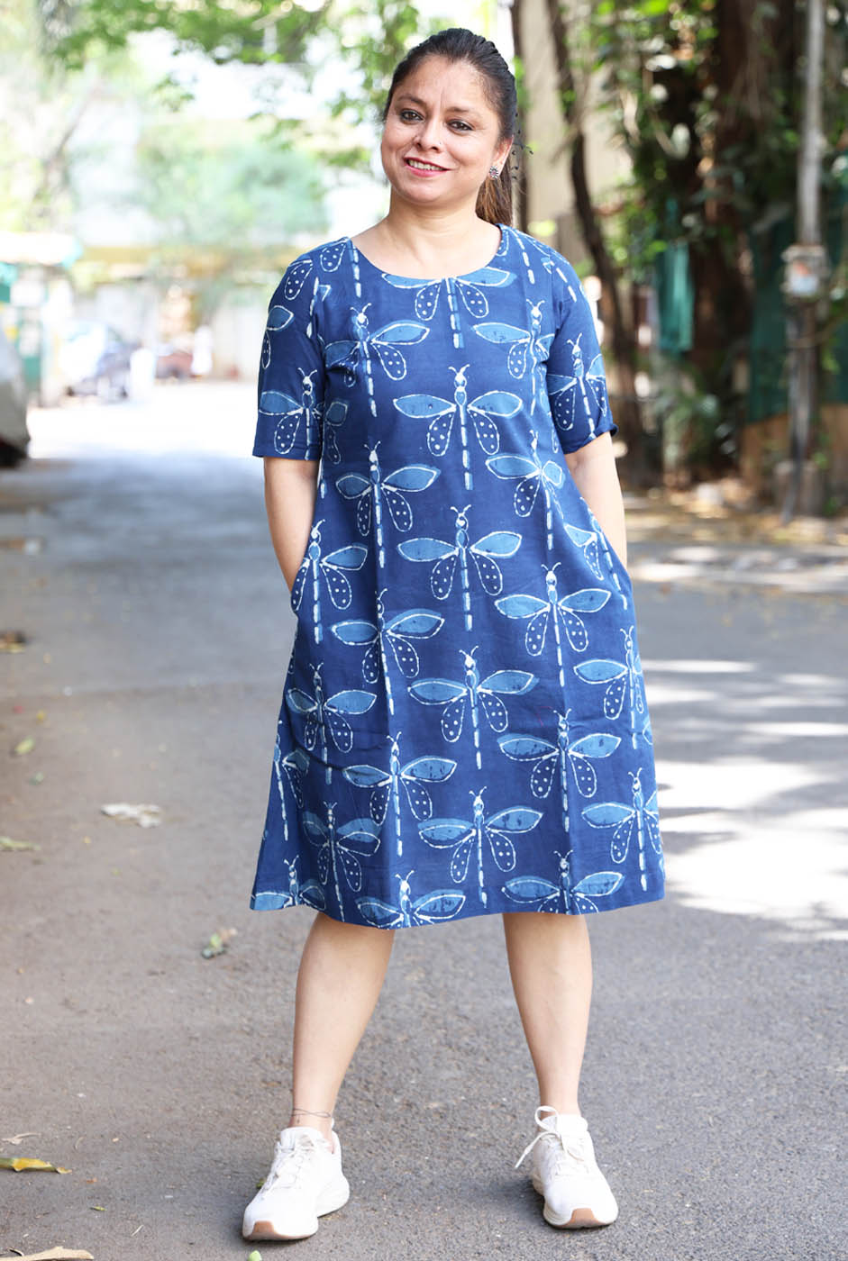 Dragonfly Print Dress with Soft Mul Lining
