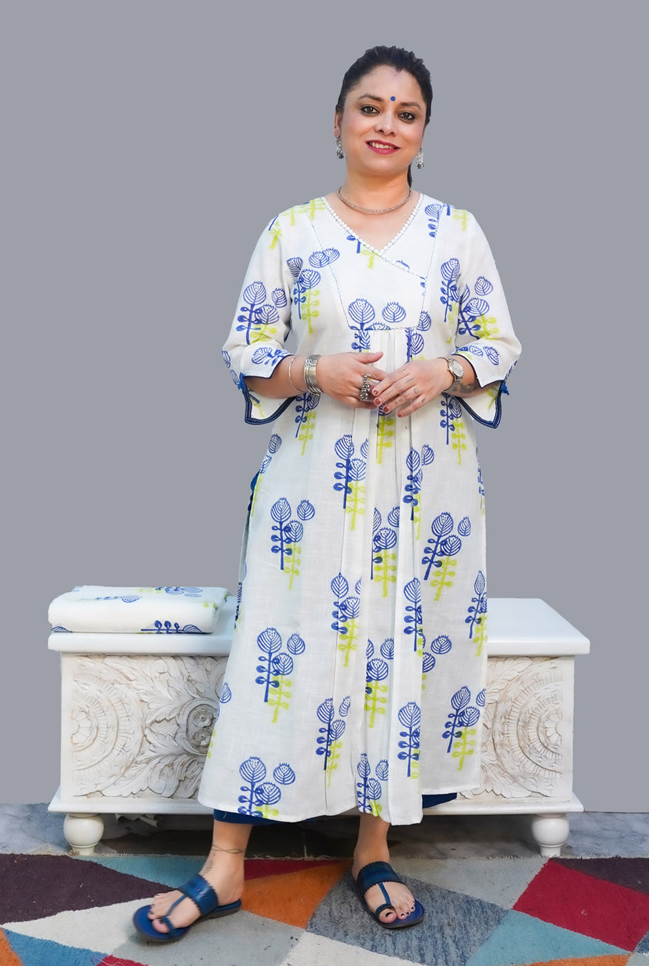 Gulmohar Exclusive Hand Block Slub Cotton Kurti Blue