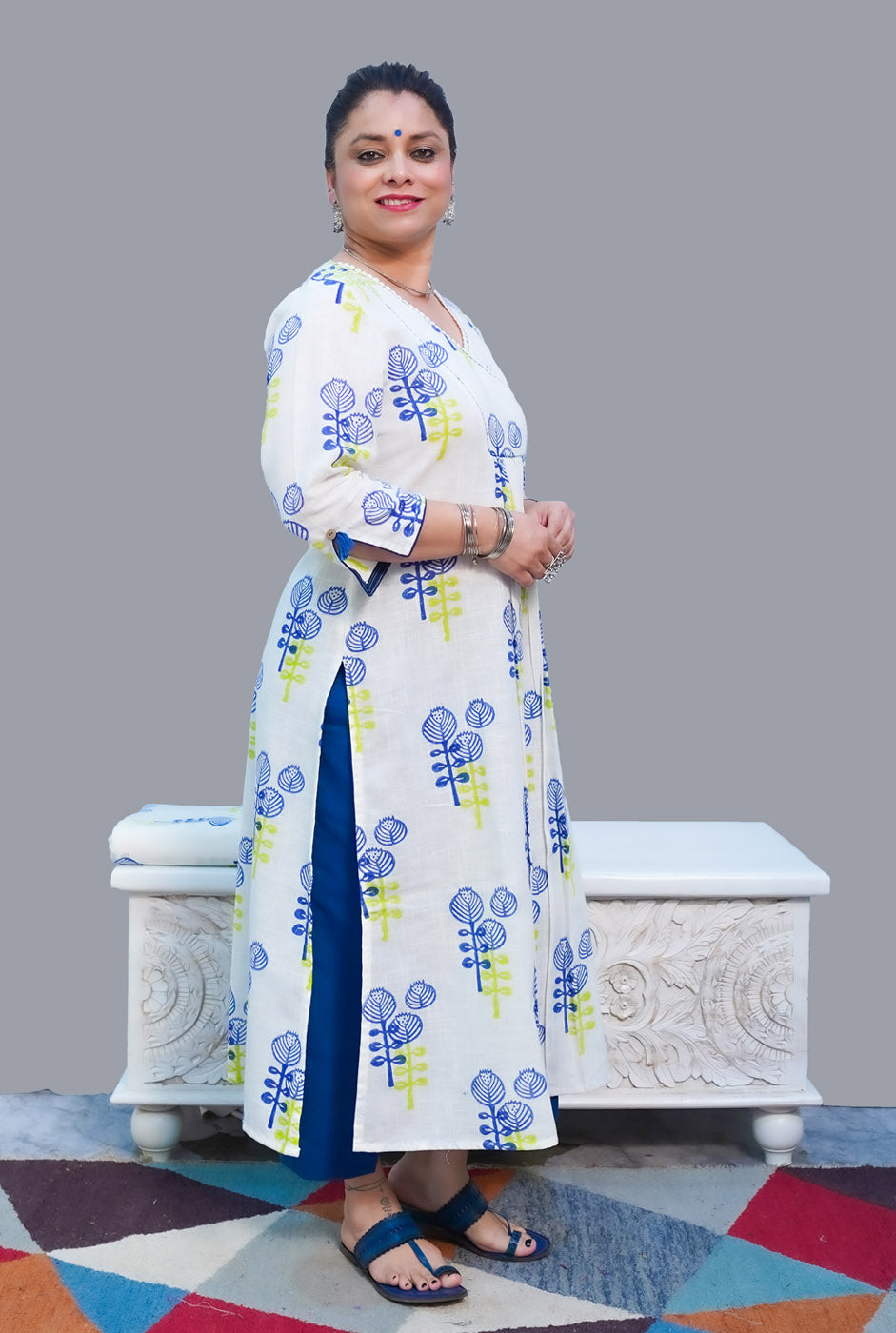 Gulmohar Exclusive Hand Block Slub Cotton Kurti Blue