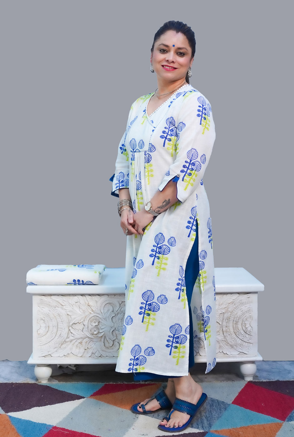Gulmohar Exclusive Hand Block Slub Cotton Kurti Blue