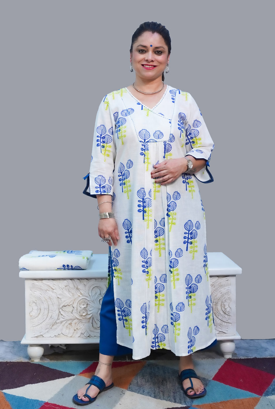 Gulmohar Exclusive Hand Block Slub Cotton Kurti Blue
