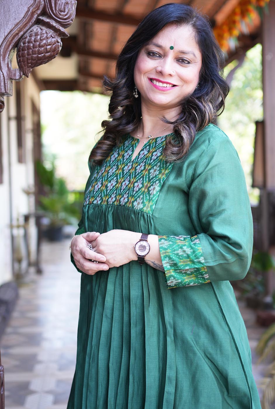 Virasat Mul Chanderi Green Kurta with Ikat Yoke & Sleeve Detailing