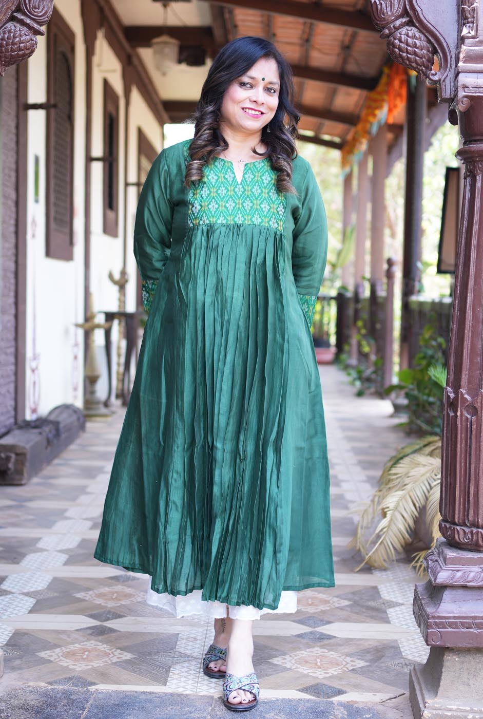 Virasat Mul Chanderi Green Kurta with Ikat Yoke & Sleeve Detailing