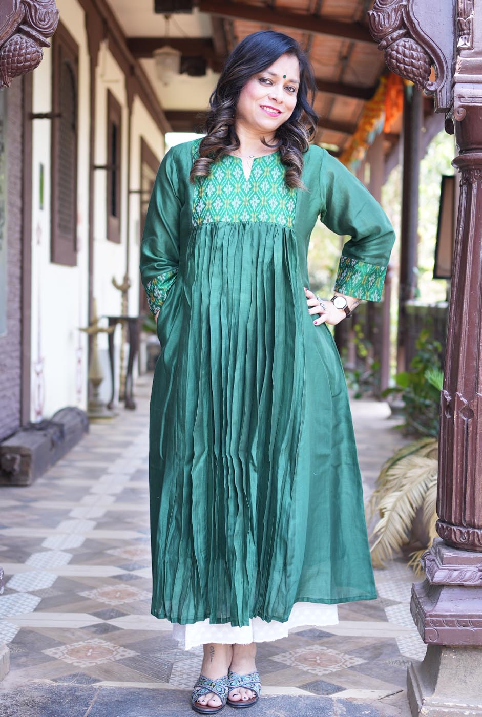 Virasat Mul Chanderi Green Kurta with Ikat Yoke & Sleeve Detailing