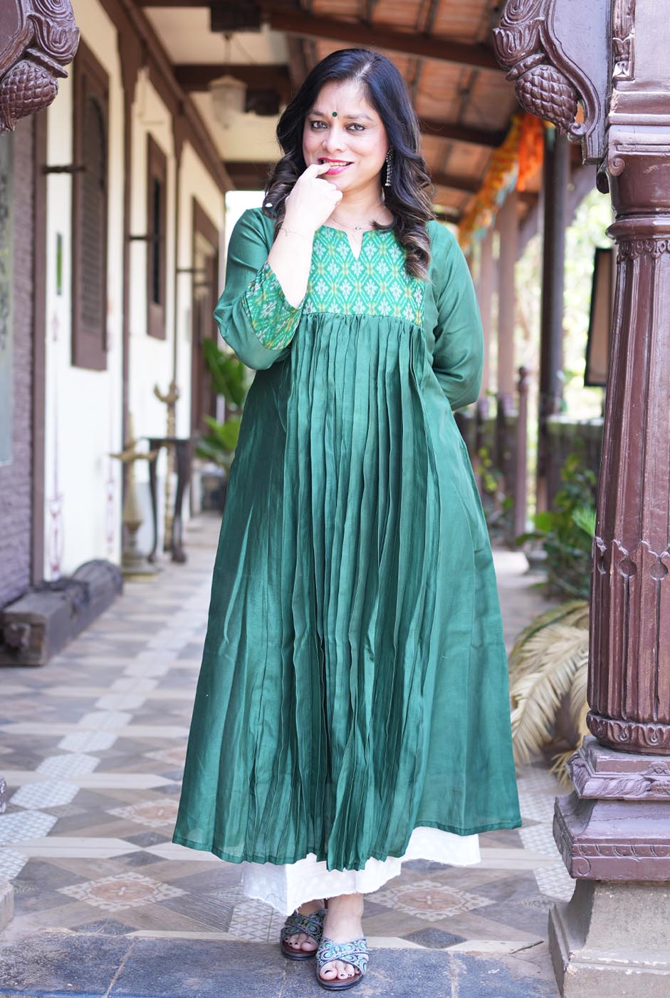Virasat Mul Chanderi Green Kurta with Ikat Yoke & Sleeve Detailing