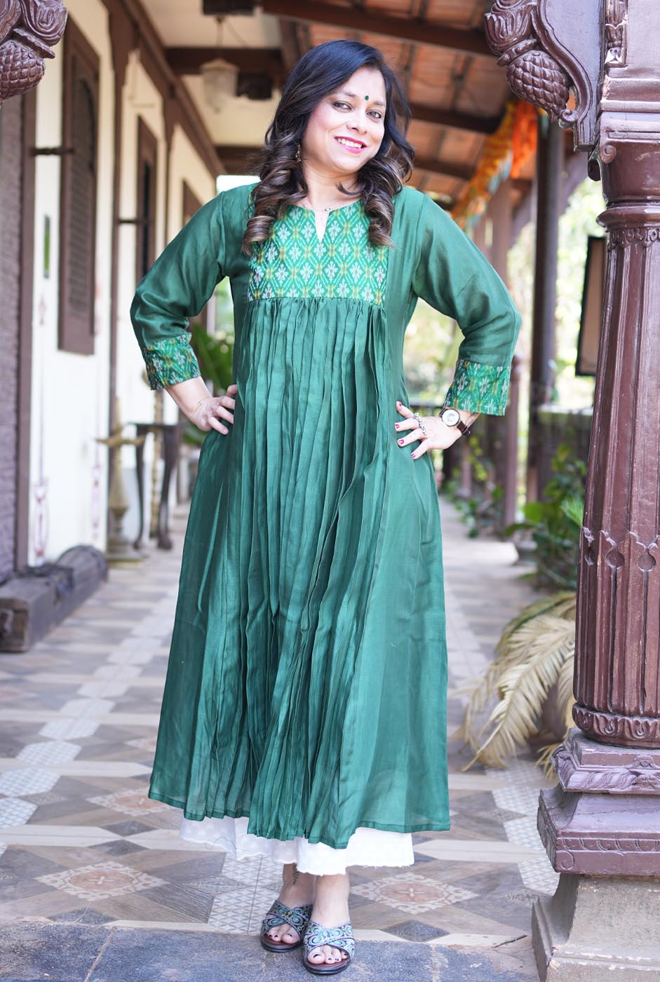 Virasat Mul Chanderi Green Kurta with Ikat Yoke & Sleeve Detailing