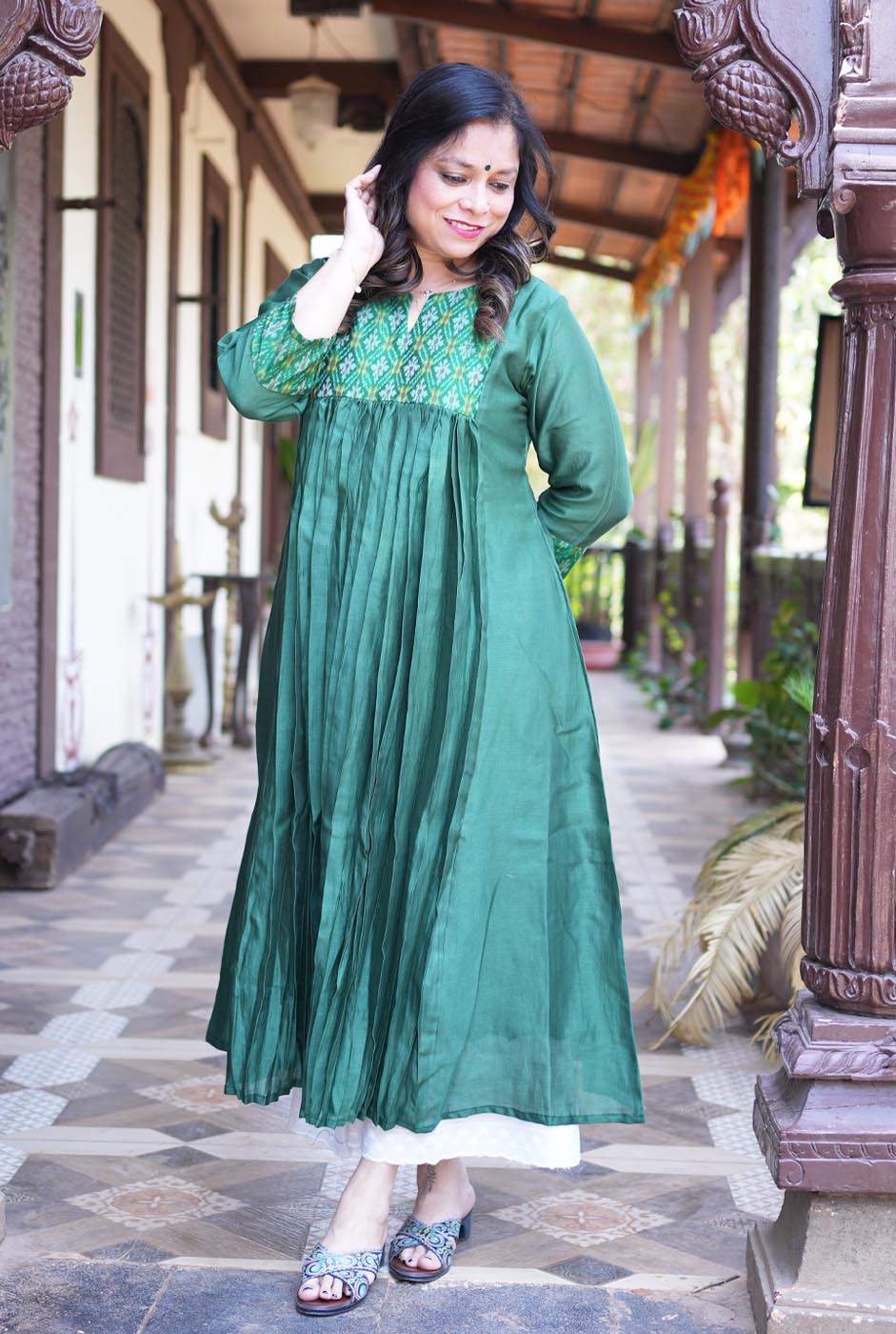 Virasat Mul Chanderi Green Kurta with Ikat Yoke & Sleeve Detailing