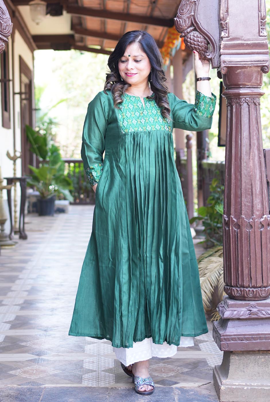 Virasat Mul Chanderi Green Kurta with Ikat Yoke & Sleeve Detailing