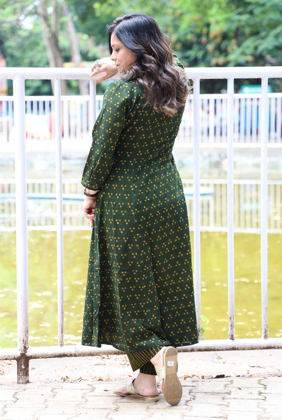 Green Kalidar A-Line Kurta Pant Set in Slub Cotton