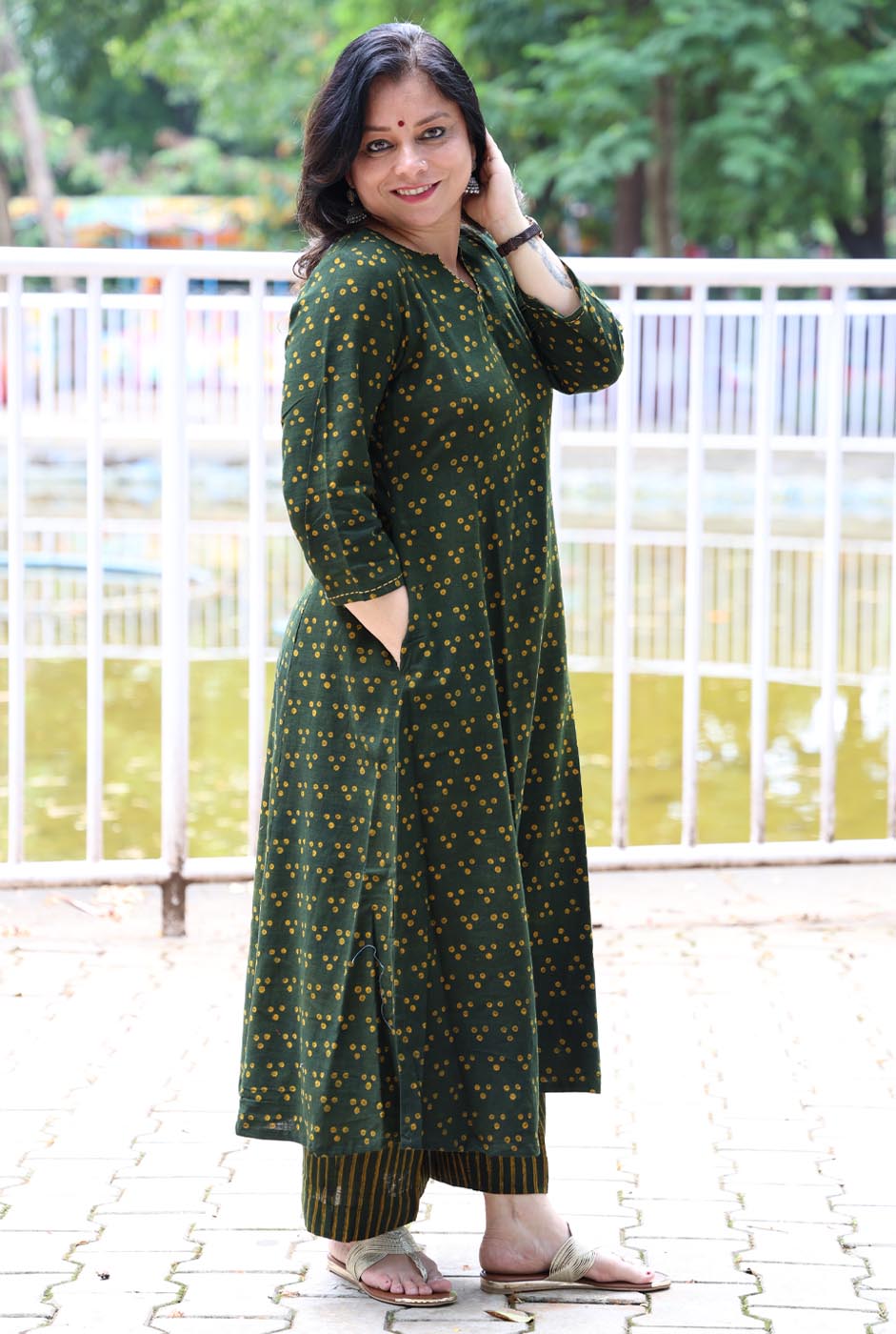 Green Kalidar A-Line Kurta Pant Set in Slub Cotton