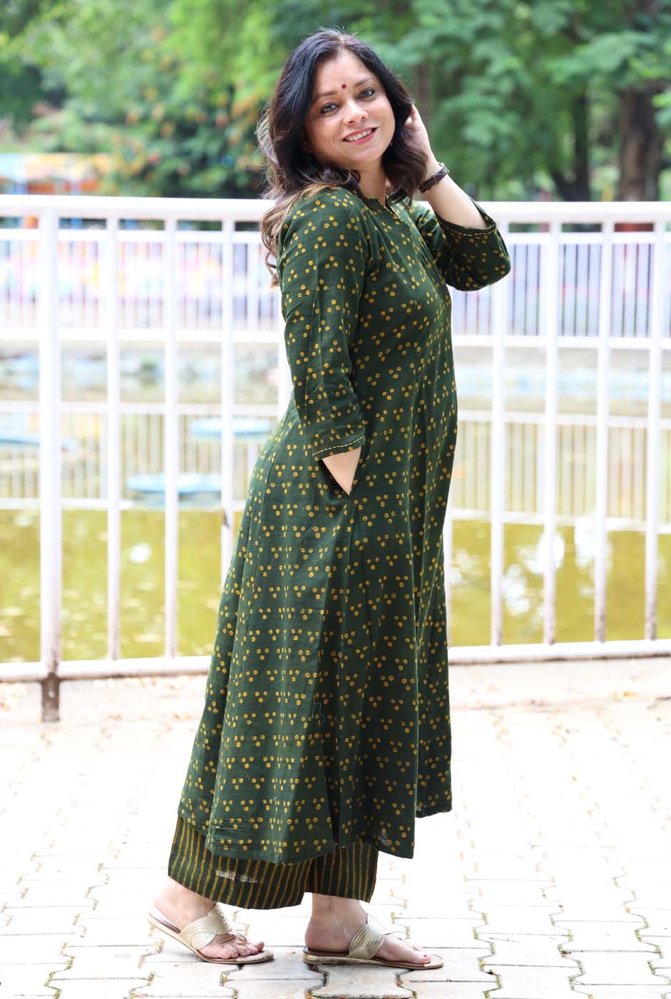 Green Kalidar A-Line Kurta Pant Set in Slub Cotton