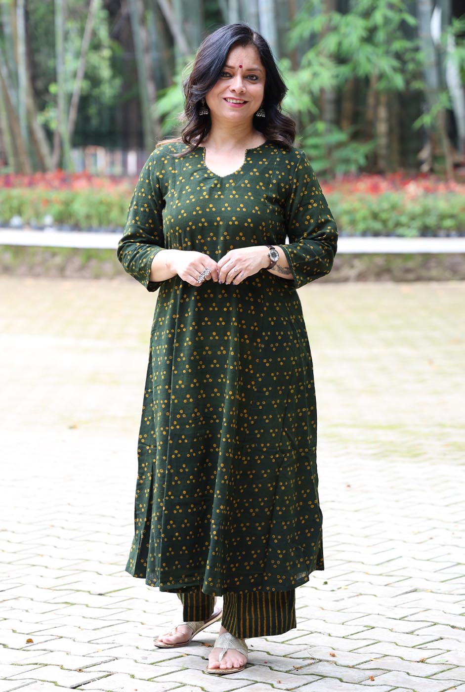 Green Kalidar A-Line Kurta Pant Set in Slub Cotton