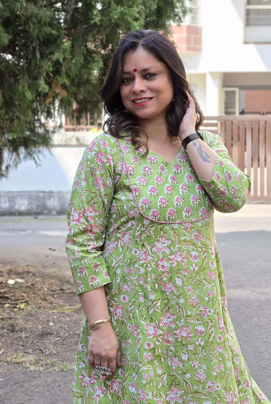 Fresh Green Dabu Handblock Kurta Pant Set with Mirror Work Yoke