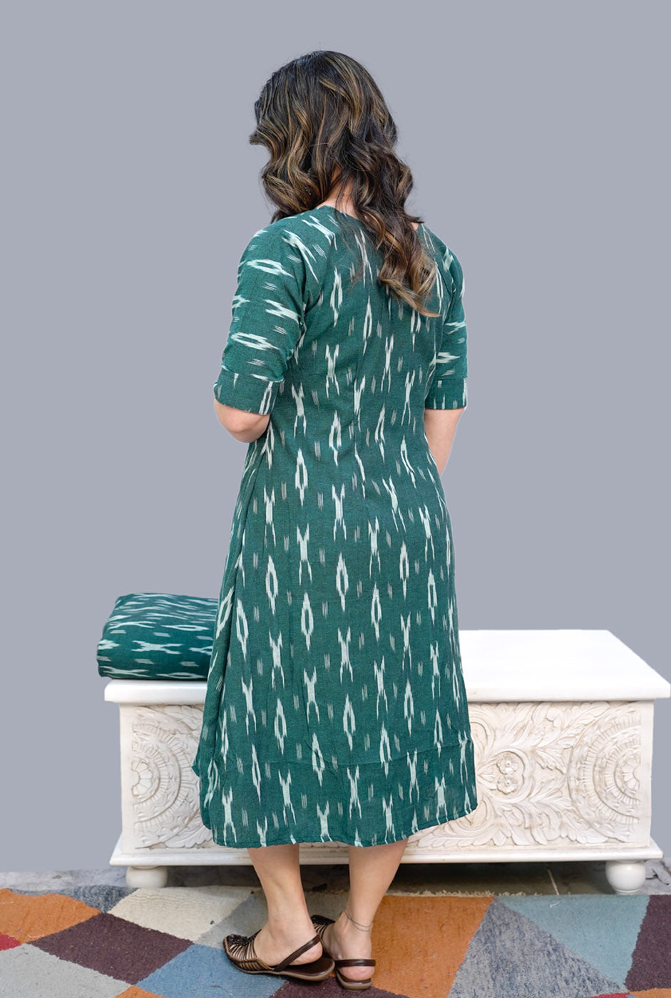 Green Exclusive Ikat Knee-Length Dress