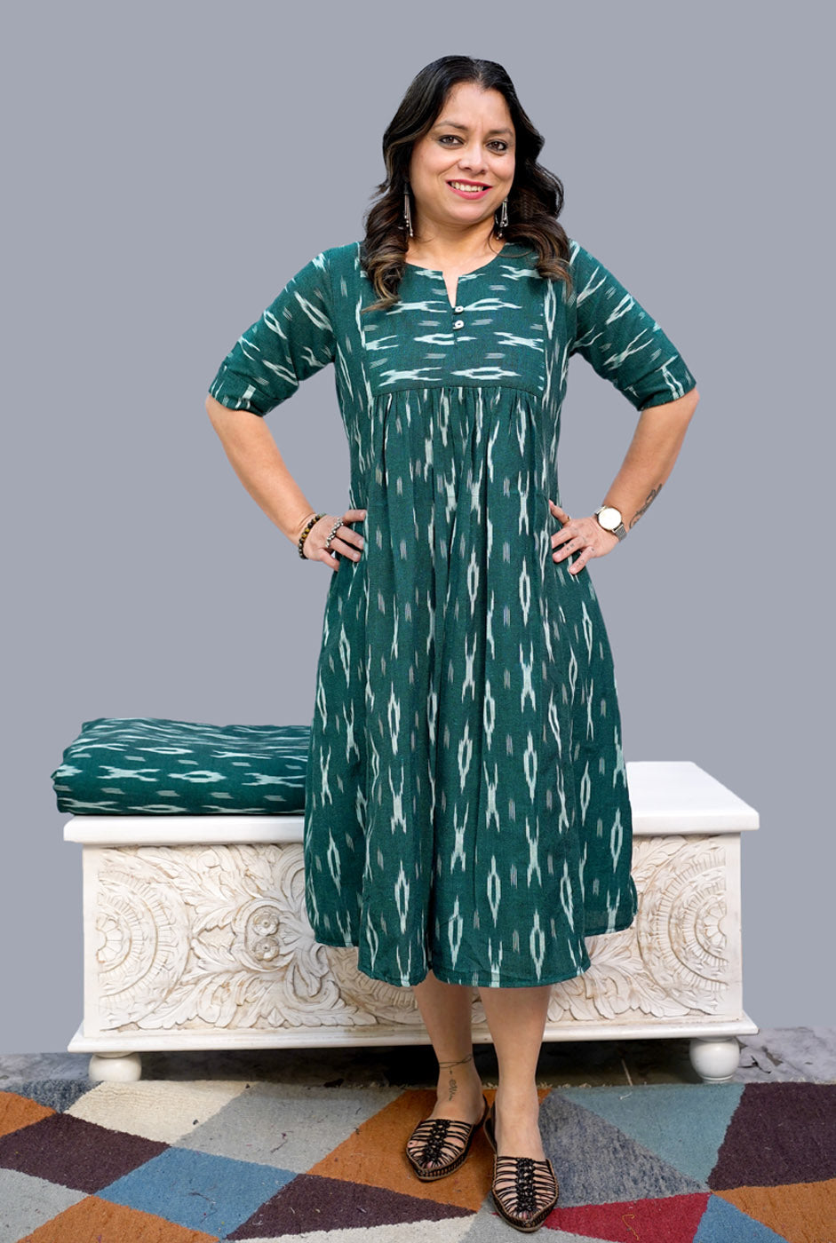 Green Exclusive Ikat Knee-Length Dress