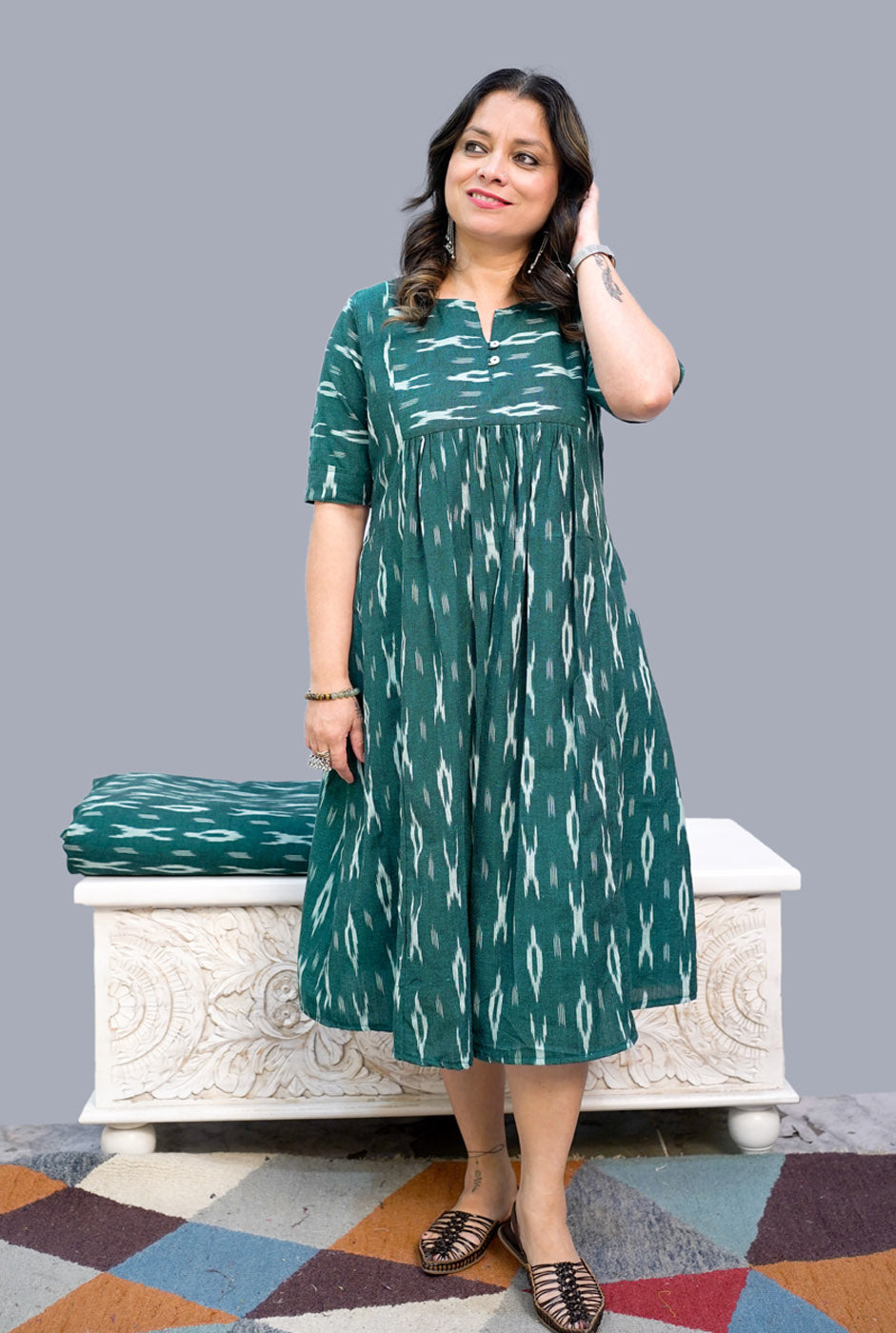 Green Exclusive Ikat Knee-Length Dress