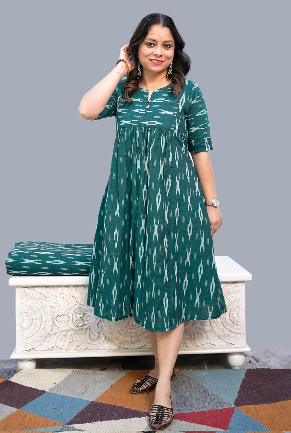 Green Exclusive Ikat Knee-Length Dress
