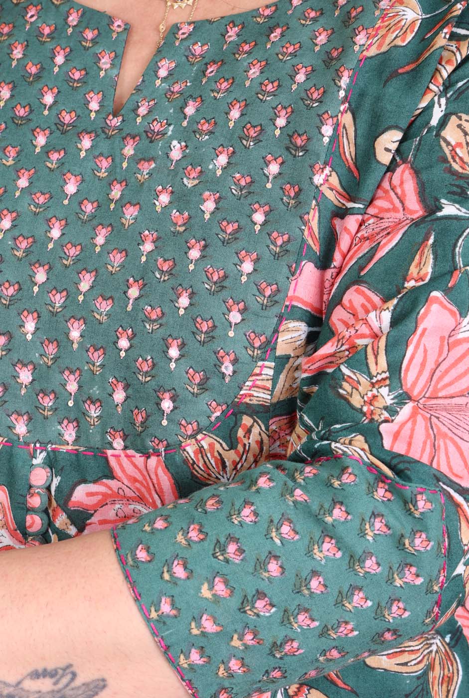 Green Gulmohar Kurta Pant Set with Hand Embroidery
