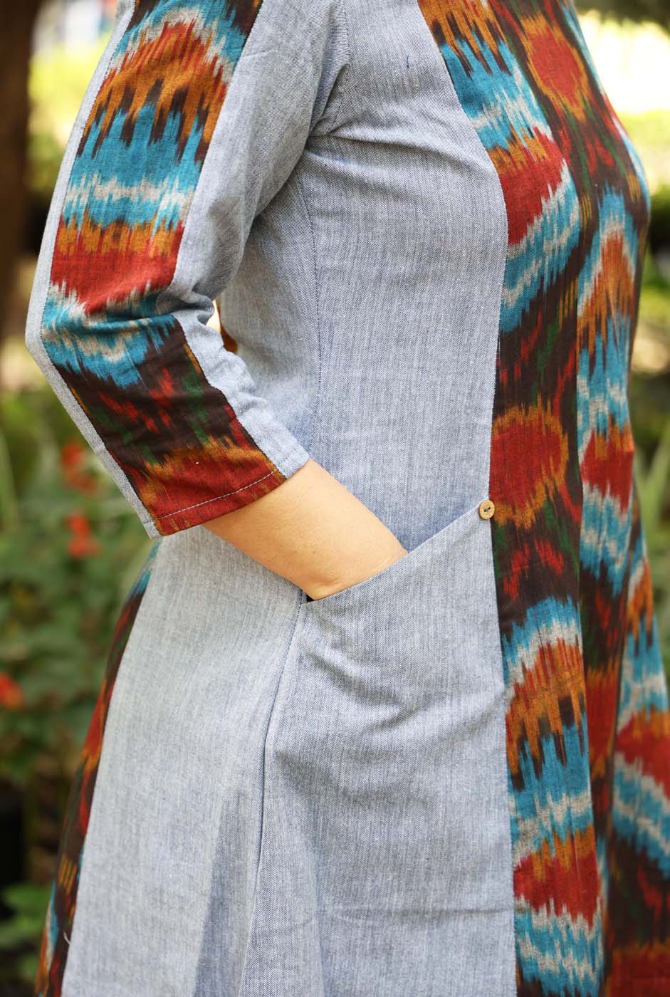 Uzbek Ikat Grey Kurta with Pockets