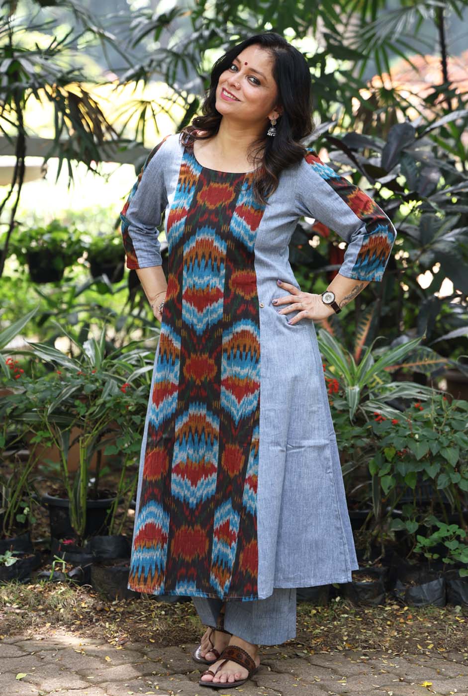 Uzbek Ikat Grey Kurta with Pockets