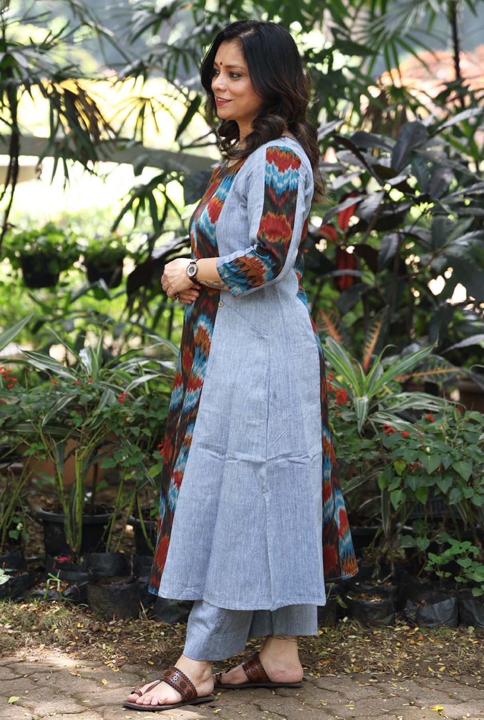 Uzbek Ikat Grey Kurta with Pockets