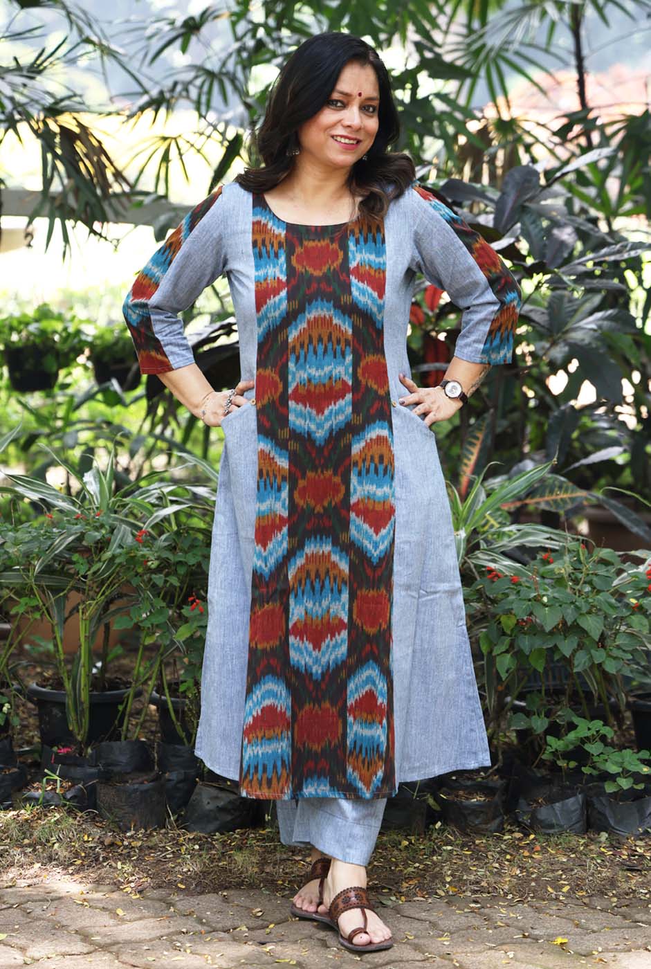 Uzbek Ikat Grey Kurta with Pockets
