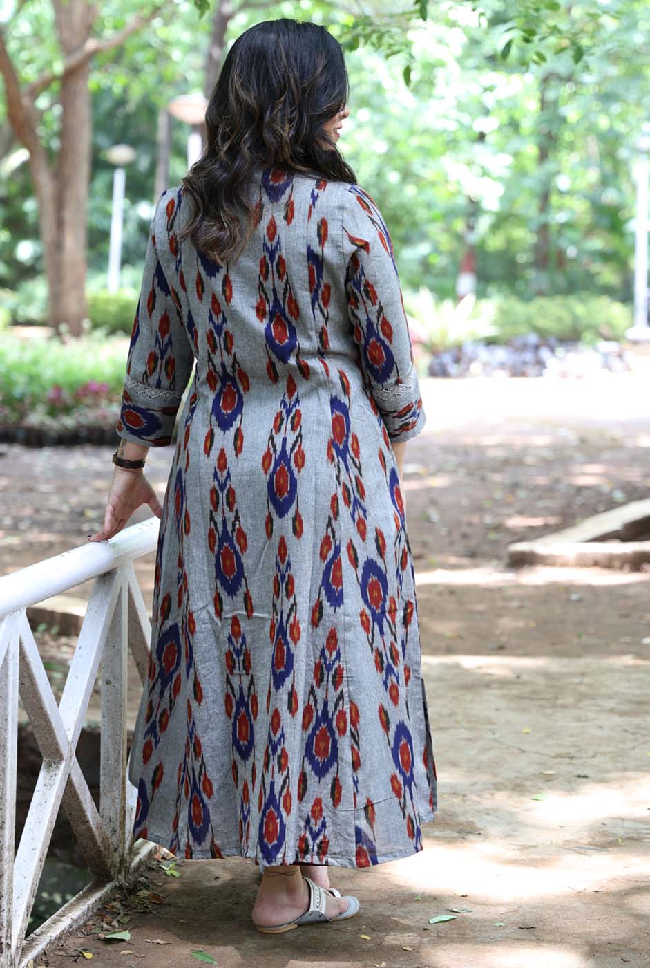 uzbek Ikat Grey Kurta with Lace Detailing