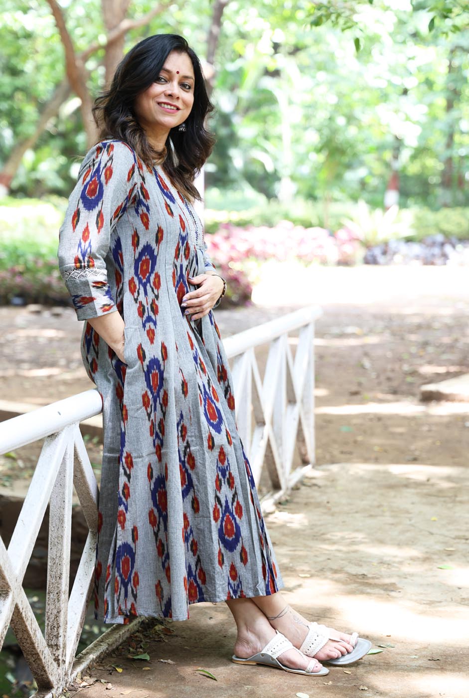 uzbek Ikat Grey Kurta with Lace Detailing