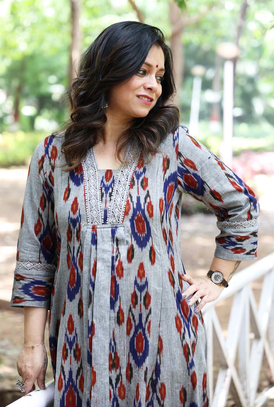 uzbek Ikat Grey Kurta with Lace Detailing