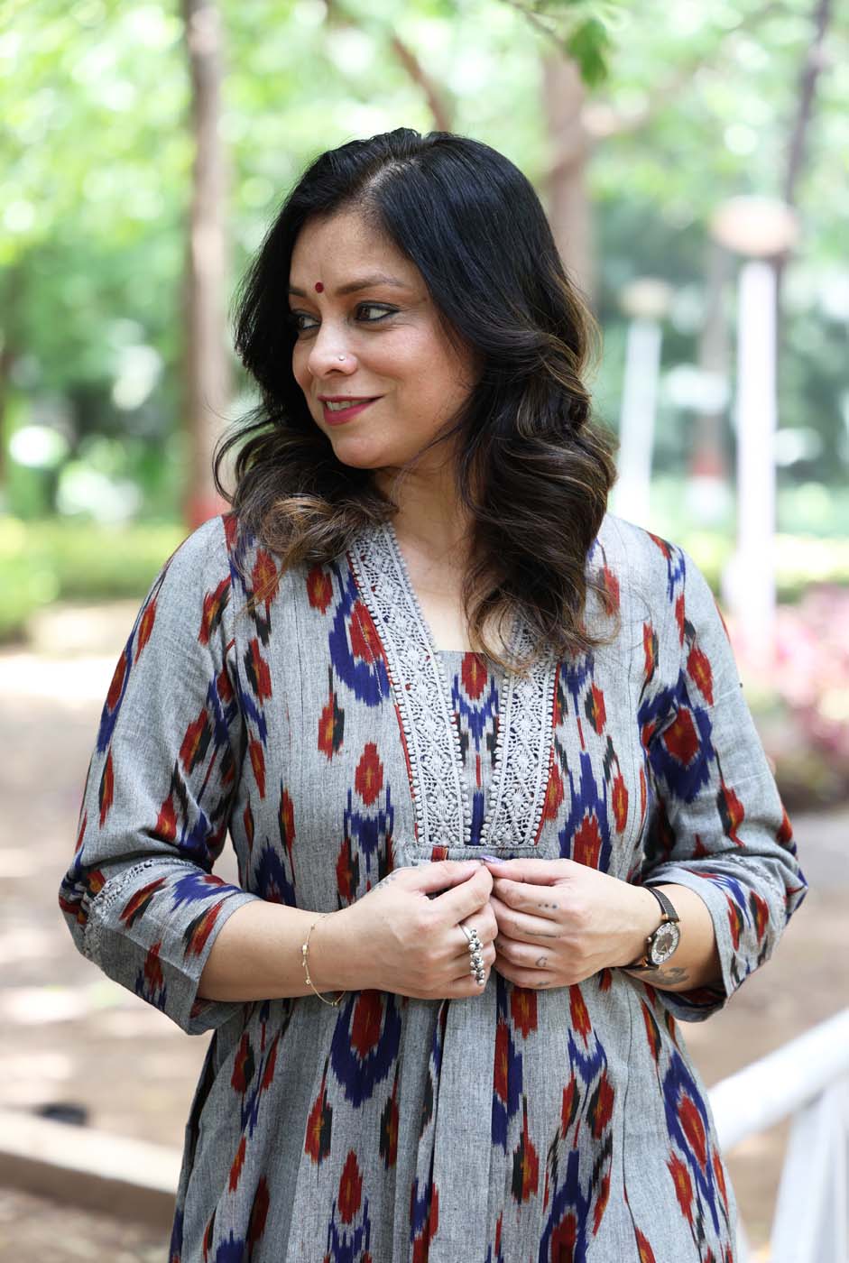 uzbek Ikat Grey Kurta with Lace Detailing