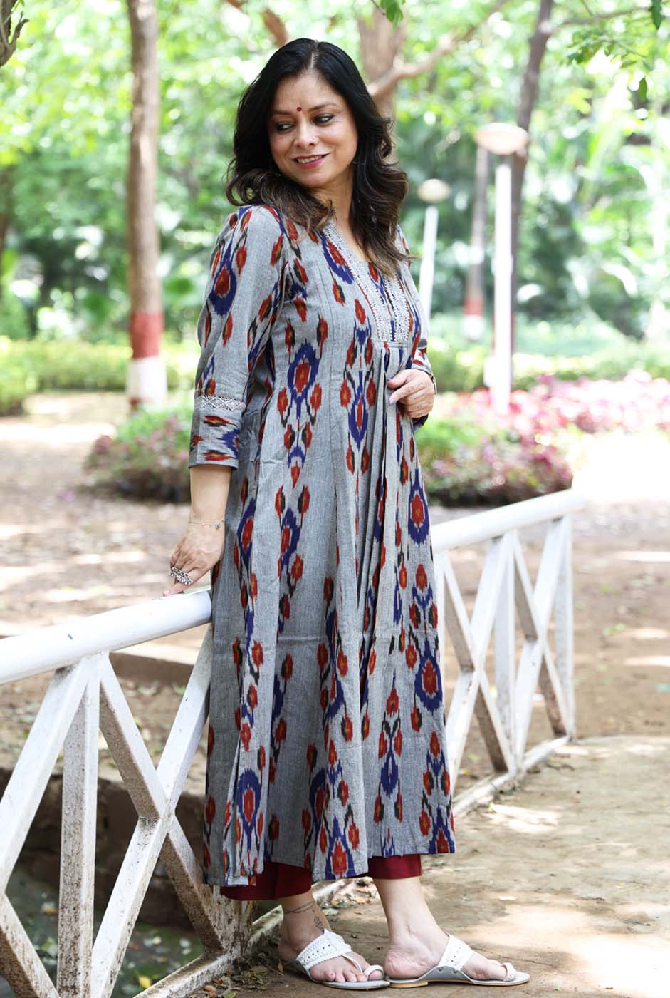 uzbek Ikat Grey Kurta with Lace Detailing