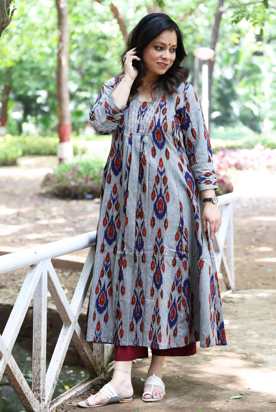 uzbek Ikat Grey Kurta with Lace Detailing