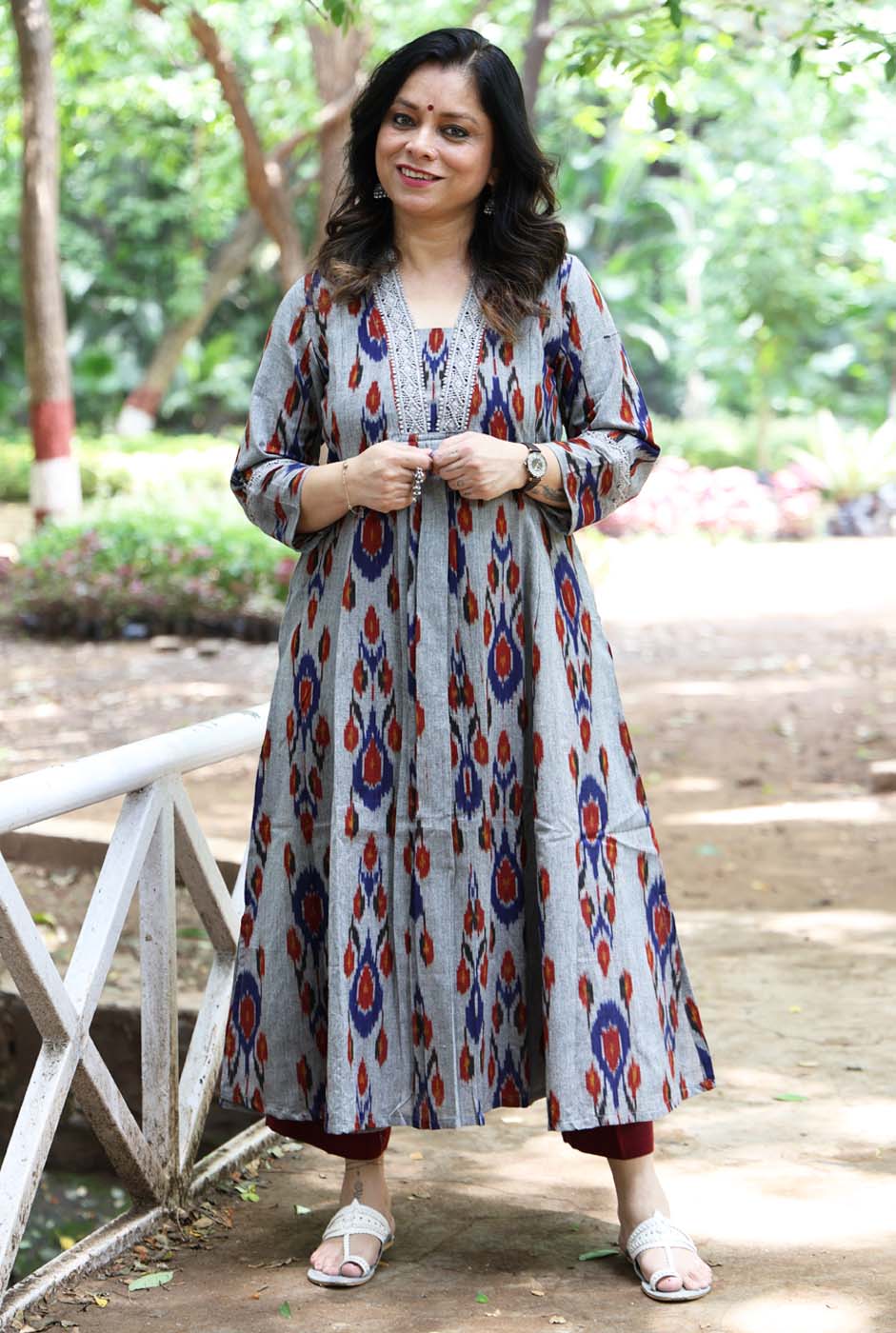 uzbek Ikat Grey Kurta with Lace Detailing