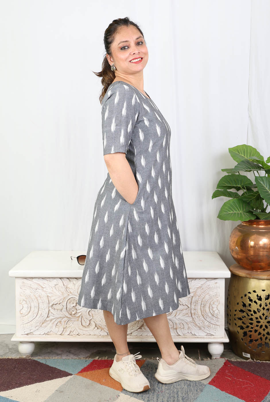 Grey Ikat Cotton Knee-Length Dress with Mull Lining