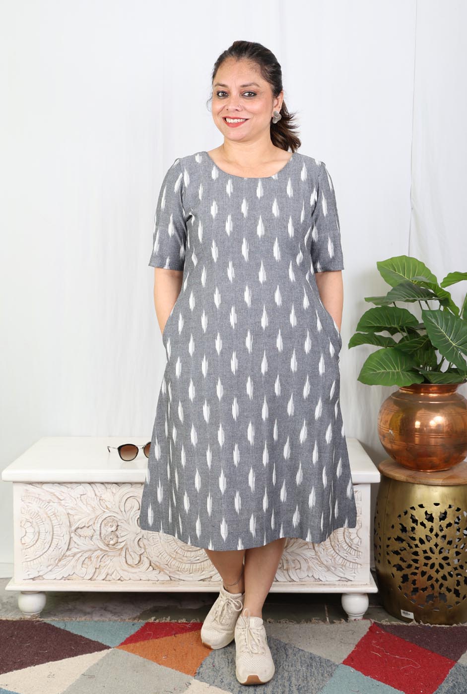 Grey Ikat Cotton Knee-Length Dress with Mull Lining