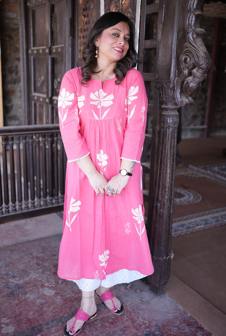 Gulmohar Floral Block Handloom Cotton Pink Kurti