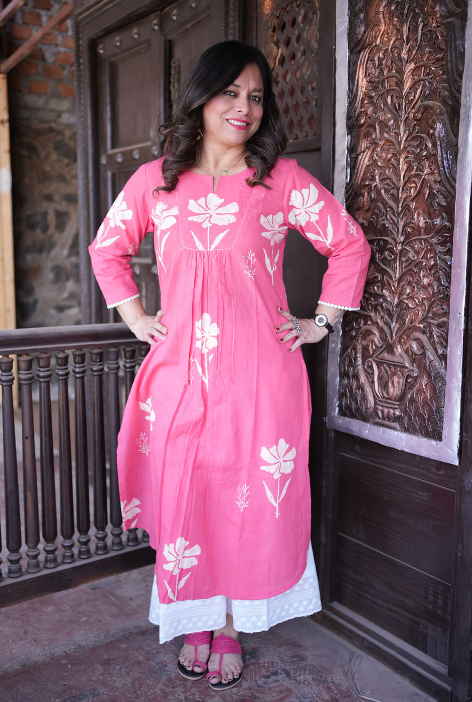 Gulmohar Floral Block Handloom Cotton Pink Kurti