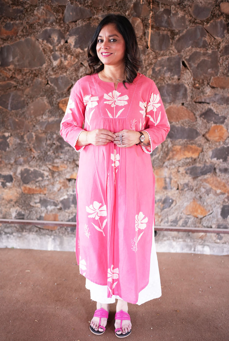 Gulmohar Floral Block Handloom Cotton Pink Kurti