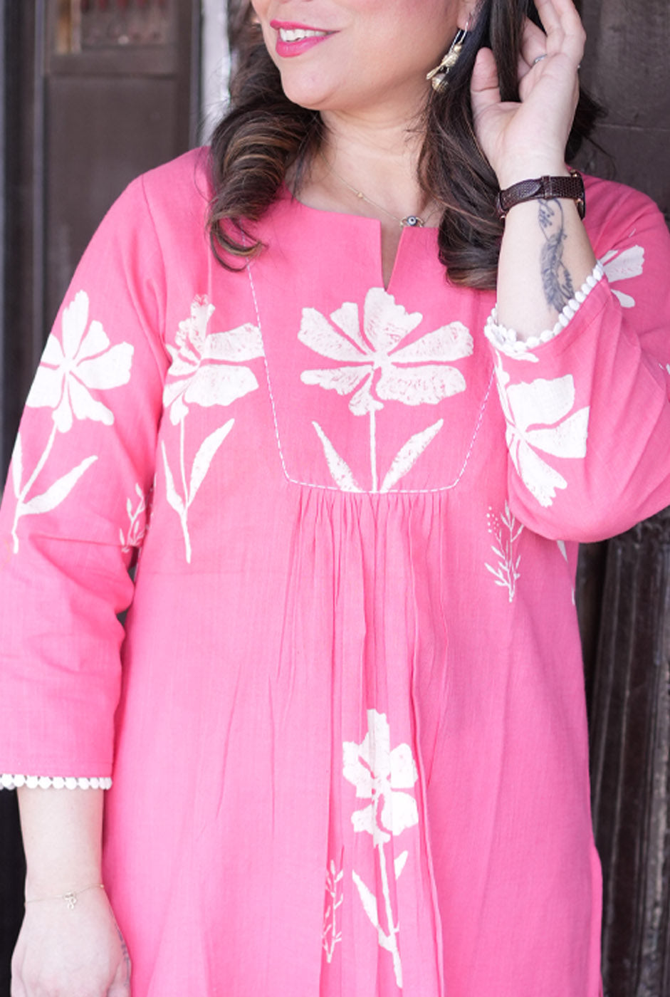 Gulmohar Floral Block Handloom Cotton Pink Kurti
