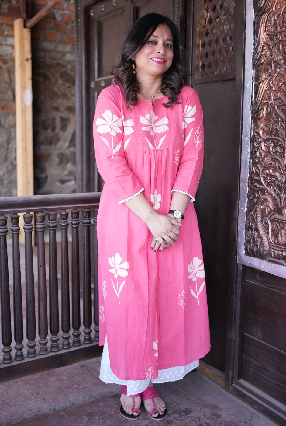 Gulmohar Floral Block Handloom Cotton Pink Kurti